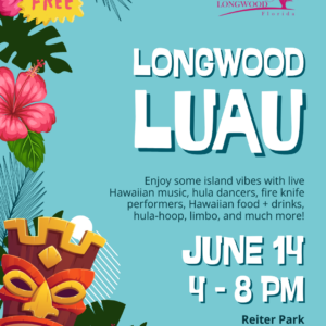 Poster advertising Longwood Luau with tropical flowers, tiki mask, and palm leaves; event on June 14, 4–8 PM at Reiter Park, 311 Warren Ave, Longwood, FL.