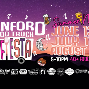 Festival banner for Sanford Food Truck Fiesta: Summer Nights on June 13, July 11, August 8, 5–10PM with 40+ food trucks across - colorful sunset background.