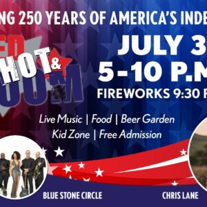 Patriotic festival poster advertising July 3 from 5–10 PM with fireworks, live music, food, beer garden, kid zone, and free admission; features photos of performing groups and artists.