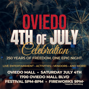 Promotional poster for Oviedo's 4th of July Celebration with fireworks; festival 5–8pm, fireworks 9pm at Oviedo Mall.