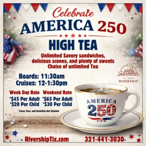 Patriotic poster for America 250 High Tea with red, white, and blue bunting and a teacup showing 'America 250'.