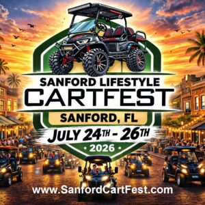 Promotional banner for Sanford CartFest in Sanford, Florida, July 24–26, 2026, featuring a lifted off-road cart and festival crowds on a brick street at sunset.