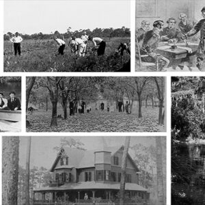 Collage of vintage black-and-white photos depicting historic rural life: farming, boats, crowds, a street scene, a lake, and a large house.