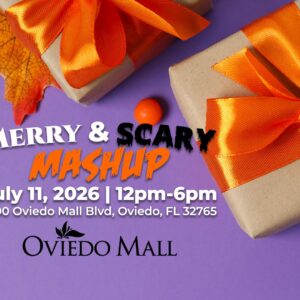 Promotional flyer for Oviedo Mall event 'Merry & Scary Mashup' with orange gift boxes on a purple background, including date and location details.