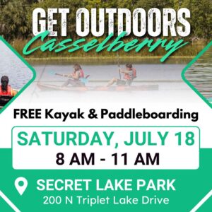 Promotional banner for Get Outdoors Casselberry advertising free kayak and paddleboarding at a lake event.