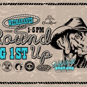Poster with a dog in a cowboy hat promoting a Western-themed Round-Up event on Aug 1, 1–5 PM, with sponsor logos along the bottom.