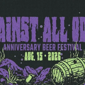 Poster for Against All Odds Anniversary Beer Festival with bold purple text and a toppled beer barrel among green seaweed on a dark background; date Aug. 15, 2023.