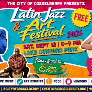 Bright promotional poster for Casselberry Latin Jazz & Art Festival 2026, showing a trumpeter left and guitarist right amid colorful tropical art and bold text.